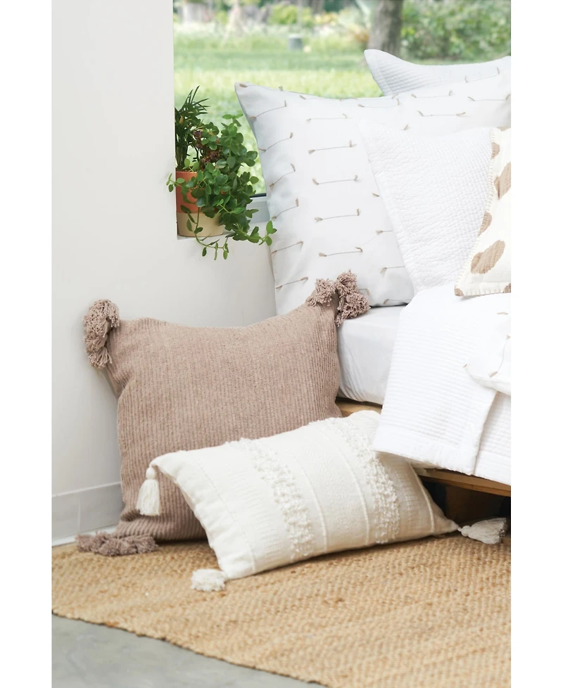 Barton Ivory White Striped Throw Pillow, 14" x 22" w/ Tassels