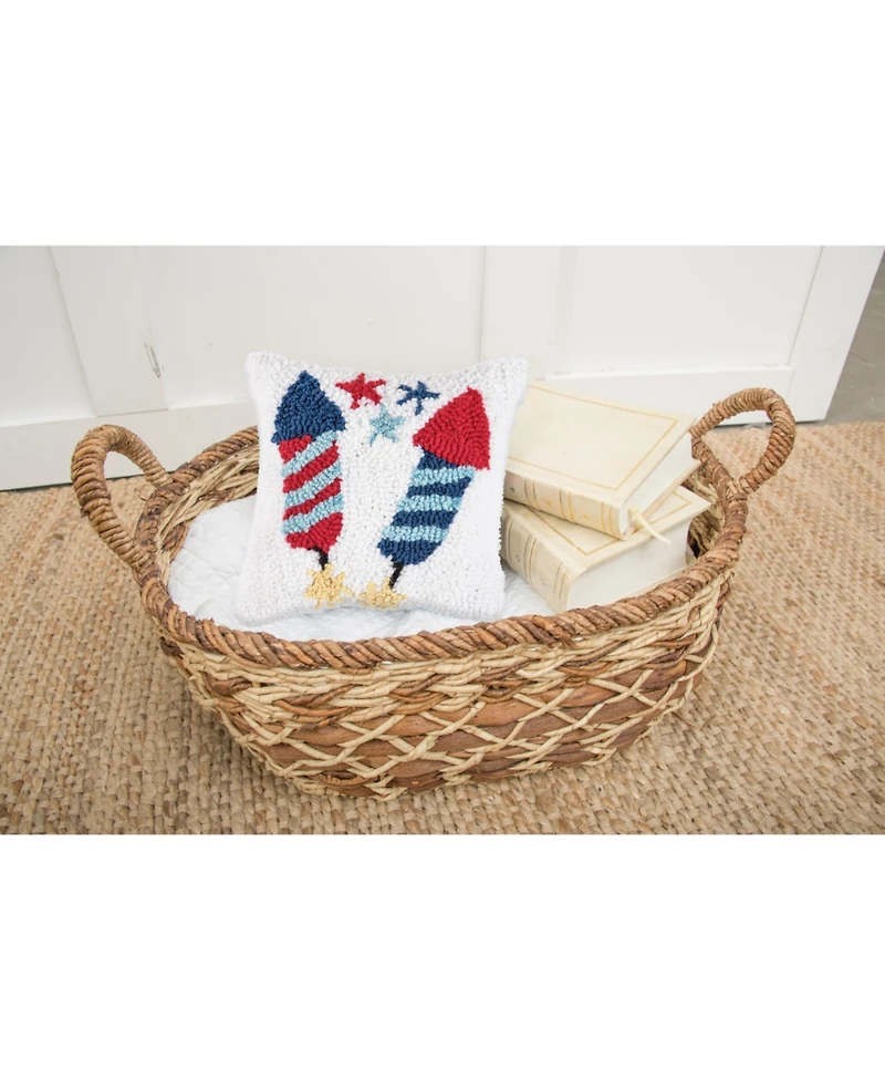 8" x 8" Fireworks Red White and Blue Hooked Americana July 4th Petite Size Accent Throw Pillow