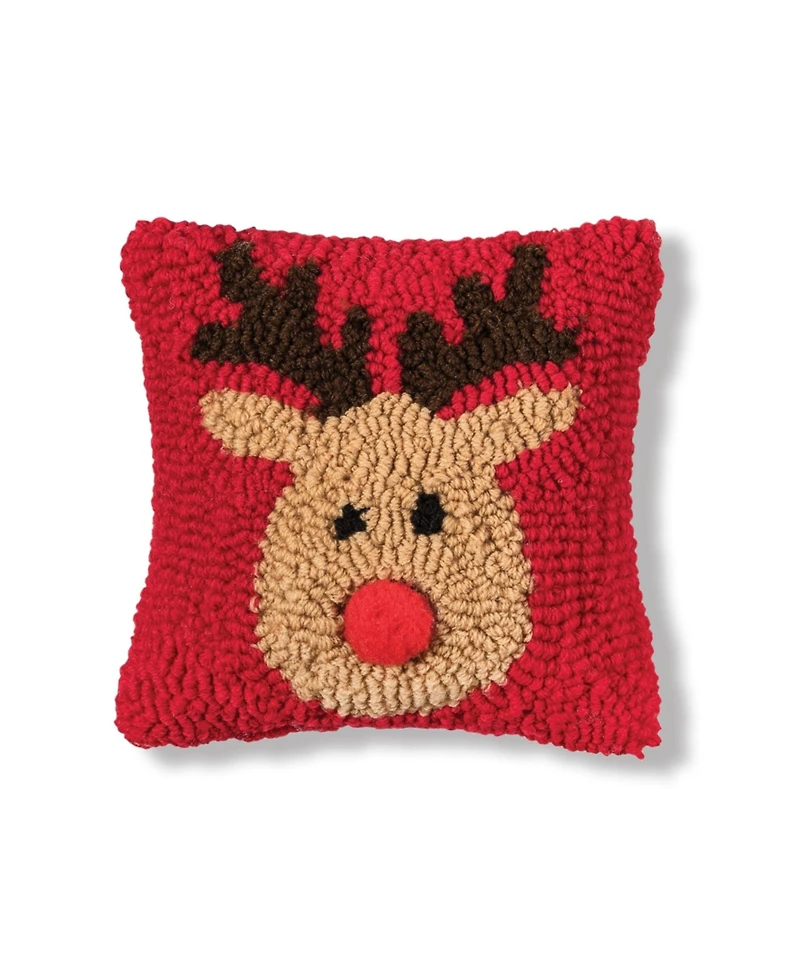 8" x 8" Reindeer Games Reindeer with Red Nose on Red Background Petite Accent Hooked Christmas Pillow
