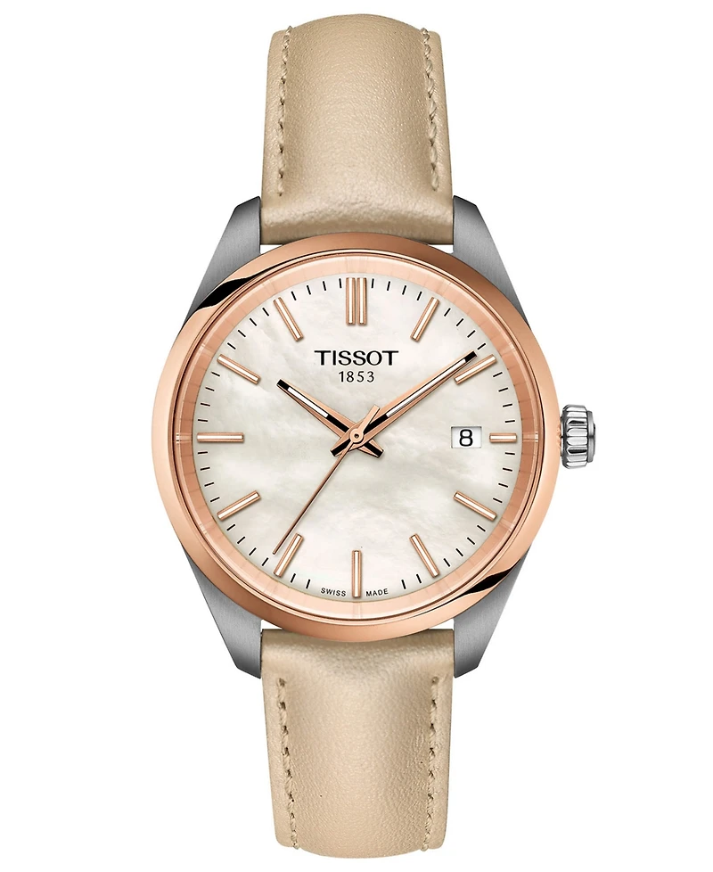 Tissot Unisex Swiss Pr 100 Cream Leather Strap Watch 34mm