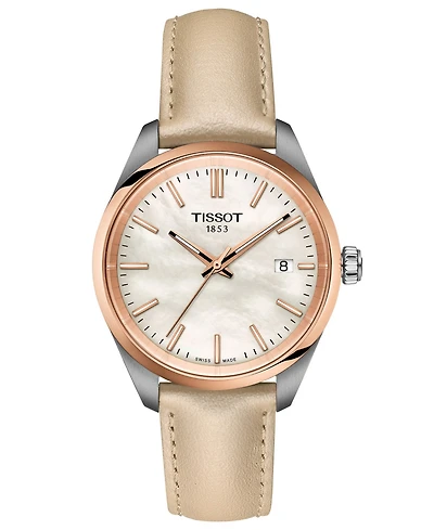 Tissot Unisex Swiss Pr 100 Cream Leather Strap Watch 34mm
