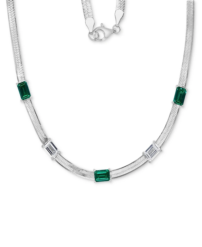 Lab-Grown Emerald (1-3/4 ct. t.w.) & White Sapphire (1-3/8 Herringbone 18" Collar Necklace Sterling Silver (Also B