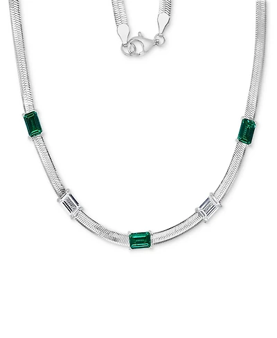 Lab-Grown Emerald (1-3/4 ct. t.w.) & White Sapphire (1-3/8 Herringbone 18" Collar Necklace Sterling Silver (Also B