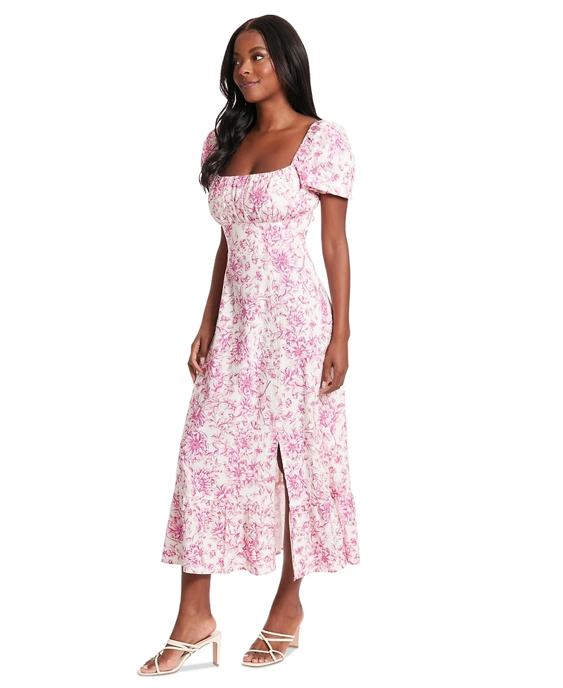 London Times Women's Puff-Sleeve Ruched Smocked-Back Empire Midi Dress
