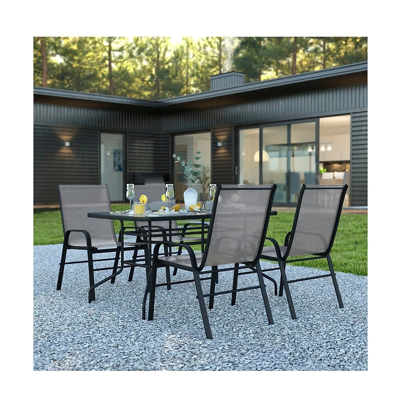 Five Piece Patio Table Set With Metal Table With Tempered Glass Top And 4 Flex Comfort Stacking Chairs