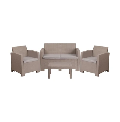 Ava 4 Piece Faux Rattan Patio Furniture Set With 2 Chairs And Love Seat With Removable Cushions And Table