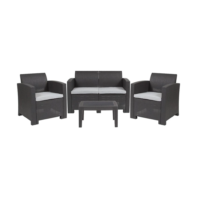 Ava 4 Piece Faux Rattan Patio Furniture Set With 2 Chairs And Love Seat Removable Cushions Table
