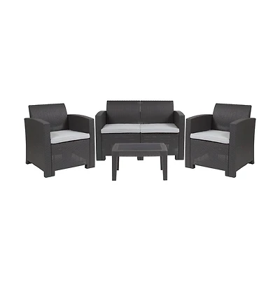 Ava 4 Piece Faux Rattan Patio Furniture Set With 2 Chairs And Love Seat Removable Cushions Table