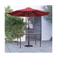 Outdoor Powder Coated Steel Dining Table With Faux Teak Poly Slat Top, 9' Patio Umbrella And Base