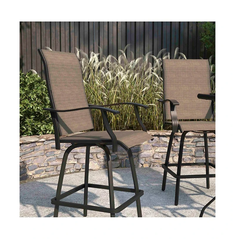 Merrick Lane Set Of 2 Brett High Back Bar Height Swivel Patio Stools With Powder Coated Metal Frames And Textilene Upholstery