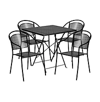Commercial Grade 28" Square Metal Folding Patio Table Set W/ 4 Round Back Chairs