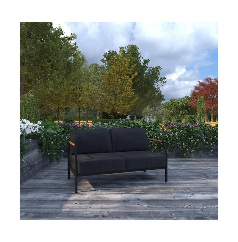 Eastport Outdoor Loveseat With Removable Plush Fabric Cushions And Teak Accented Aluminum Frame