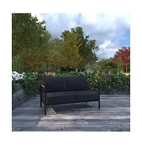 Eastport Outdoor Loveseat With Removable Plush Fabric Cushions And Teak Accented Aluminum Frame