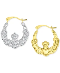 Crystal Pave Wavy Patterned Small Hoop Earrings in 10k Gold, 0.73"