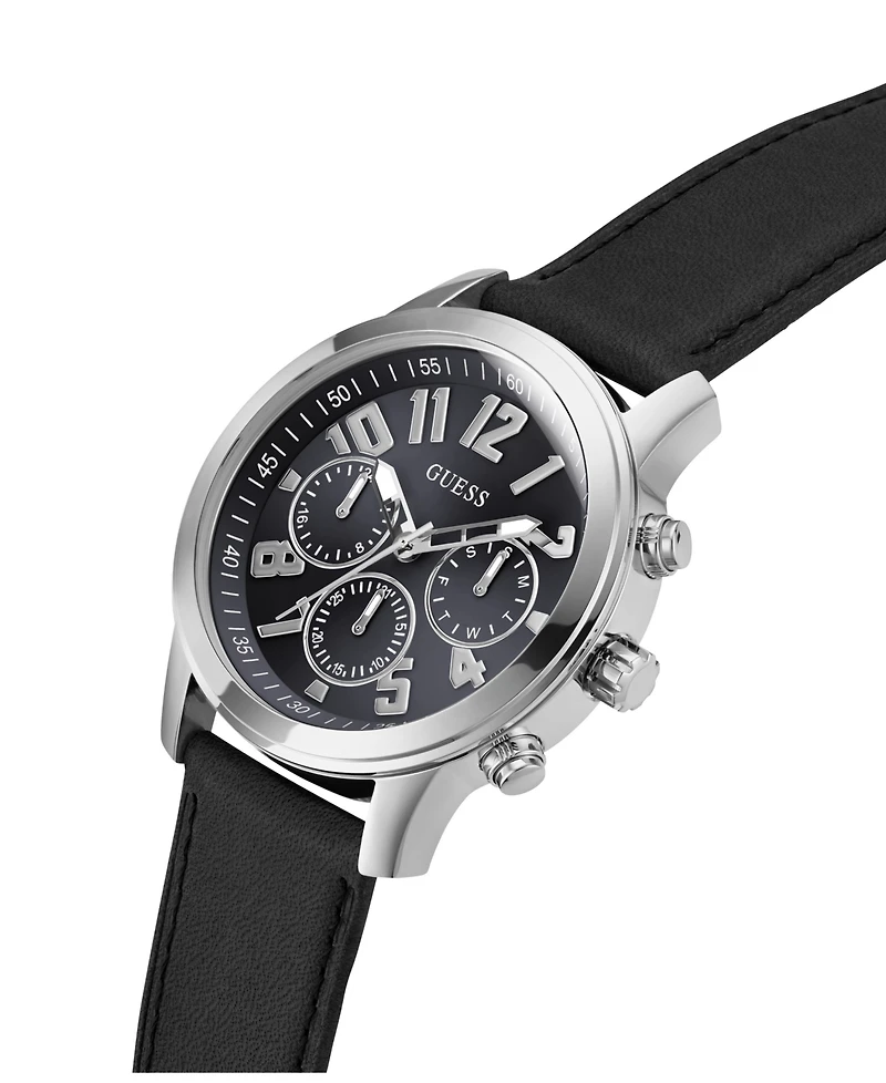 Guess Men's Analog Black Genuine Leather Watch 44mm