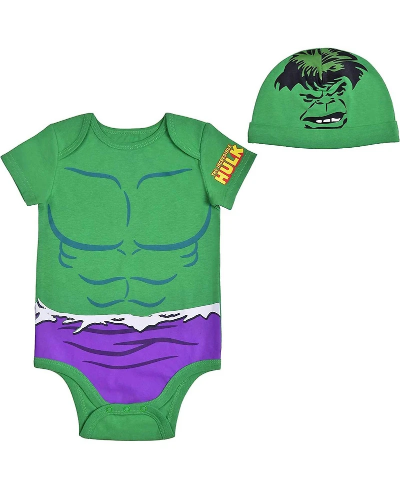 Baby Boys and Girls Green Hulk Bodysuit Hat Set