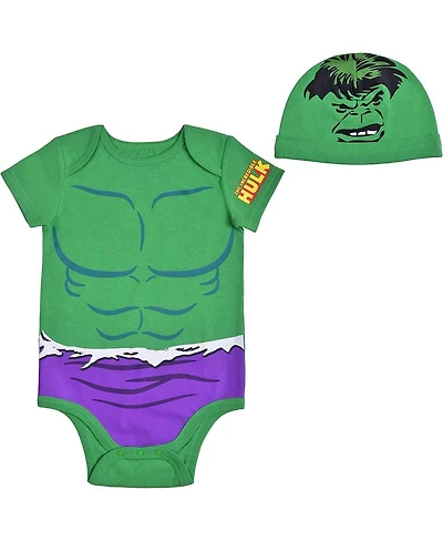 Baby Boys and Girls Green Hulk Bodysuit Hat Set