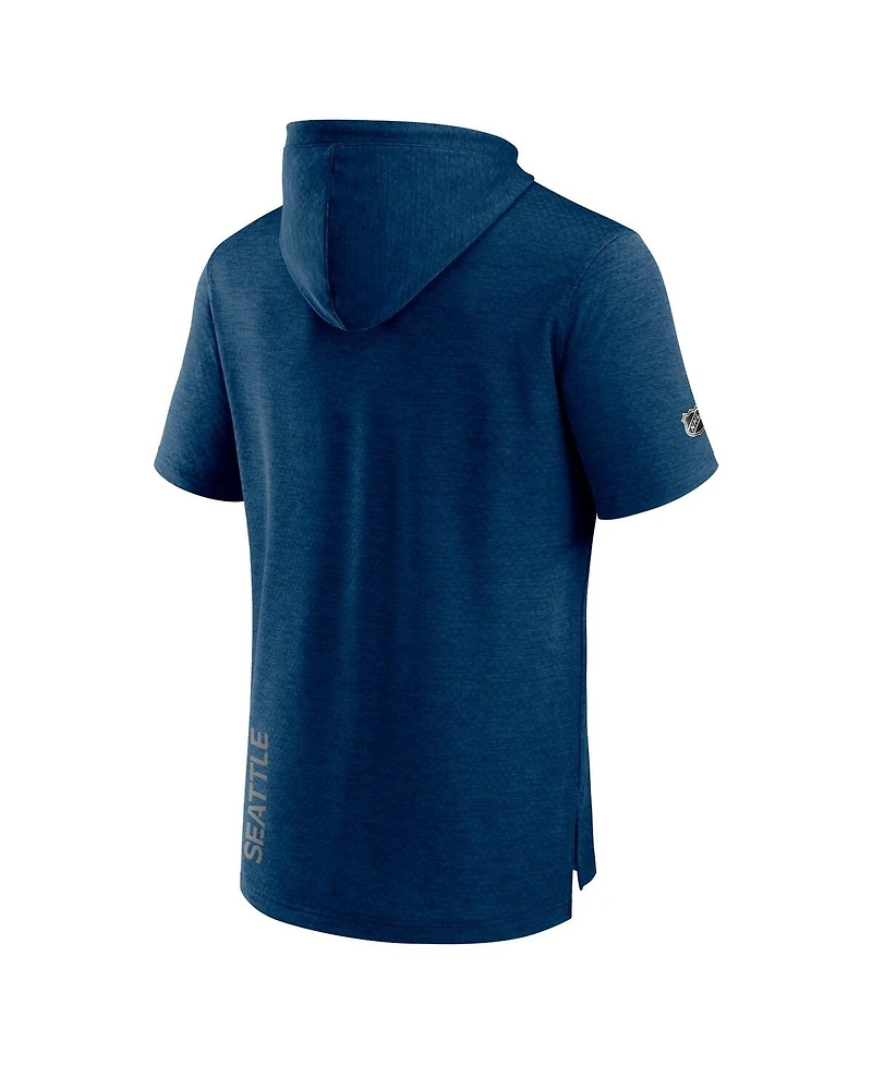 Men's Fanatics Heather Deep Sea Blue Seattle Kraken Authentic Pro Short Sleeve Pullover Hoodie