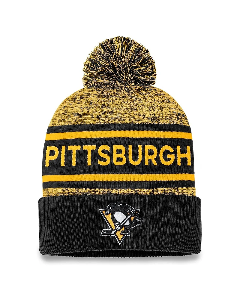 Men's Fanatics Black, Gold Pittsburgh Penguins Authentic Pro Cuffed Knit Hat with Pom