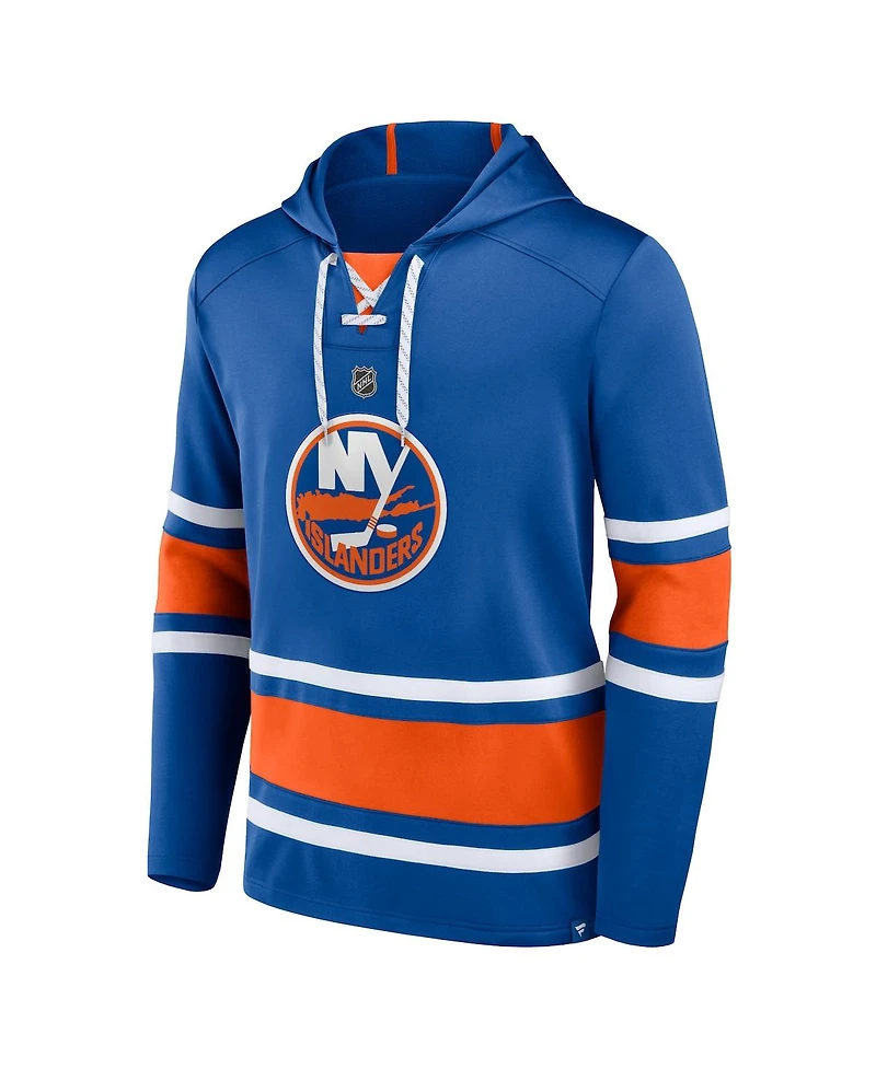 Men's Fanatics Mathew Barzal Royal New York Islanders Name and Number Lace-Up Pullover Hoodie
