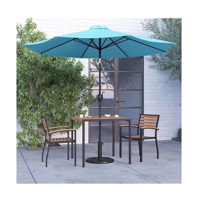 Hampstead Five Piece Faux Teak Patio Dining Set Includes Table, Two Club Chairs, 9' Patio Umbrella And Base