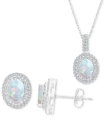 2-Pc. Set Lab-Grown Opal (1-1/6 ct. t.w.) & Lab-Grown White Sapphire (1 ct. t.w.) Oval Halo Pendant Necklace & Matching Stud Earrings in Sterling Silv