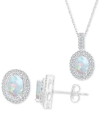 2-Pc. Set Lab-Grown Opal (1-1/6 ct. t.w.) & Lab-Grown White Sapphire (1 ct. t.w.) Oval Halo Pendant Necklace & Matching Stud Earrings in Sterling Silv