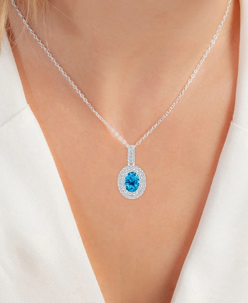 2-Pc. Set Swiss Blue Topaz (3-1/2 ct. t.w.) & Lab-Grown White Sapphire (1-1/10 ct. t.w.) Oval Halo Pendant Necklace & Matching Stud Earrings in Sterli