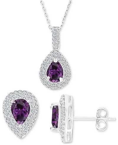 2-Pc. Set Lab-Grown Alexandrite (2-5/8 ct. t.w.) & Lab-Grown White Sapphire (1 ct. t.w.) Teardrop Halo Pendant Necklace & Matching Stud Earrings in St