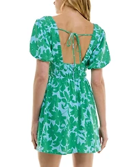 Trixxi Juniors' Floral-Print Ruched-Waist Puff-Sleeve Dress