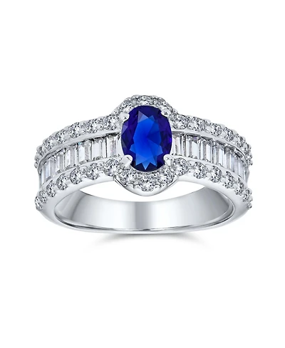 Bling Jewelry Art Deco Style Halo Royal Blue Oval Solitaire Promise Ring Sterling Silver