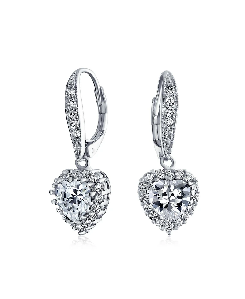 Bling Jewelry 4CT Cz Halo Heart Shaped Cubic Zirconia Dangle Lever back Earrings Invisible Cut Rhodium Plated