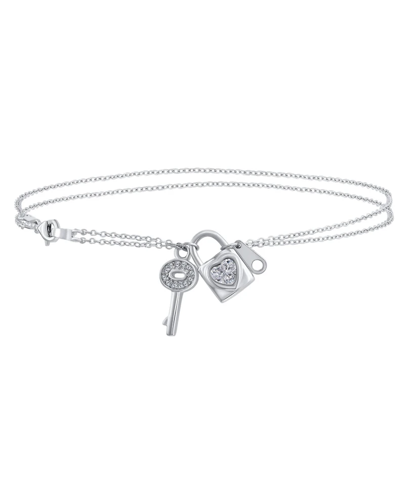Bling Jewelry Cz Accent Heart Dangle Charm Lock Key Anklet Double Chain Ankle Bracelet Sterling Silver Adjustable 9 To 10 Inch With Extender