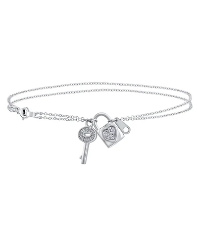 Bling Jewelry Cz Accent Heart Dangle Charm Lock Key Anklet Double Chain Ankle Bracelet Sterling Silver Adjustable 9 To 10 Inch With Extender