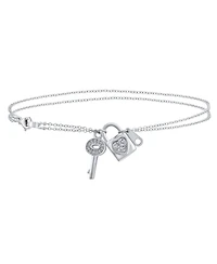 Bling Jewelry Cz Accent Heart Dangle Charm Lock Key Anklet Double Chain Ankle Bracelet Sterling Silver Adjustable 9 To 10 Inch With Extender