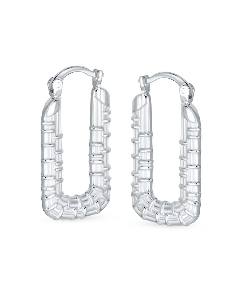 Bling Jewelry Boho Lightweight Large Rectangle Texture Bamboo Hoop Earrings Matte Sterling Silver 1 Inch Diameter