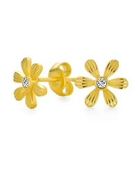 Simple Dainty Cz Accent My Sun Shine Sunflower Flower Daisy Stud Earrings 14K Yellow Gold Plated .925 Sterling Silver