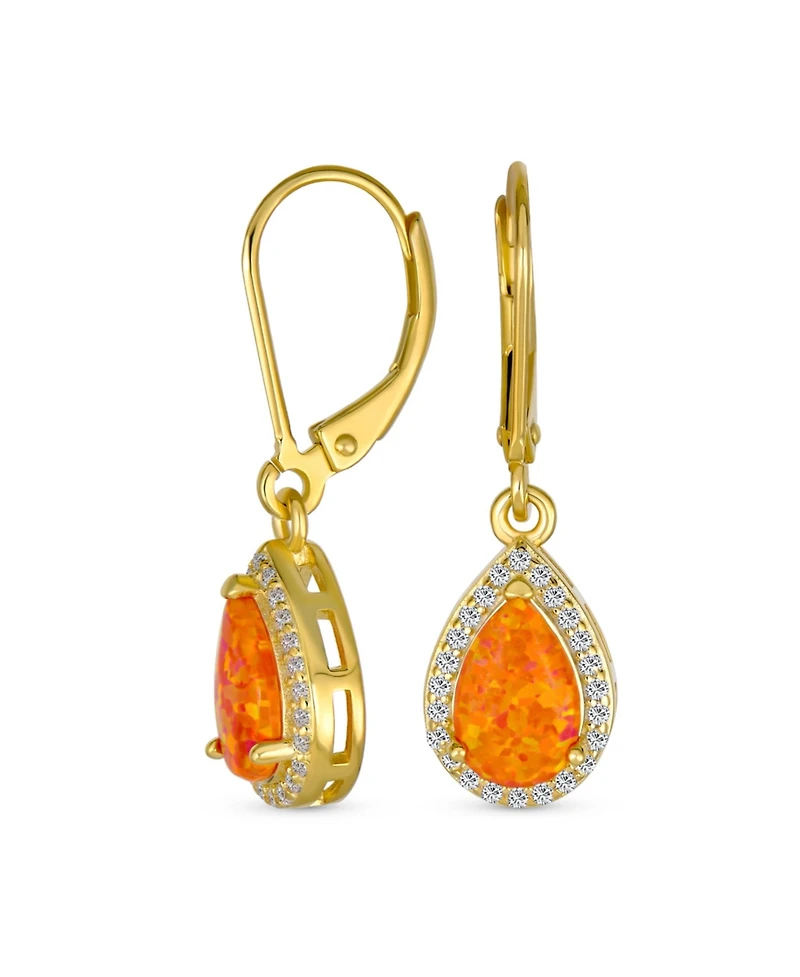 Bling Jewelry Antique Style Cubic Zirconia Accent Pave Halo Cz Solitaire Teardrop Created Opal Drop Earrings Lever Back Yellow Gold Plated .925 Sterli