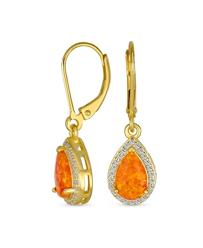 Bling Jewelry Antique Style Cubic Zirconia Accent Pave Halo Cz Solitaire Teardrop Created Opal Drop Earrings Lever Back Yellow Gold Plated .925 Sterli