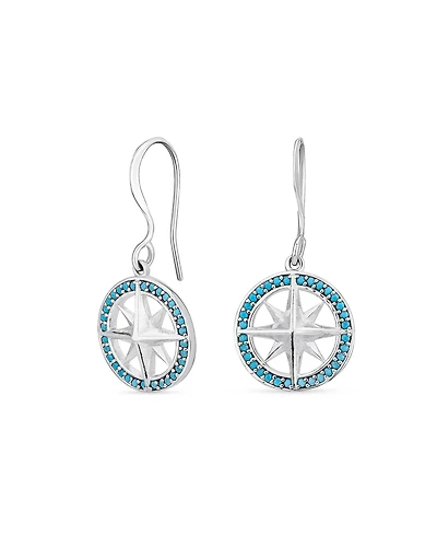 Bling Jewelry Explorer Travel Viking Disc Medallion Inspirational Rose Compass Dangling Earrings Blue Enamel Sterling Silver