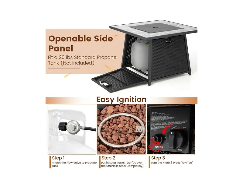 35 Inch Propane Gas Fire Pit Table Wicker Rattan with Lava Rocks Pvc Cover-Black