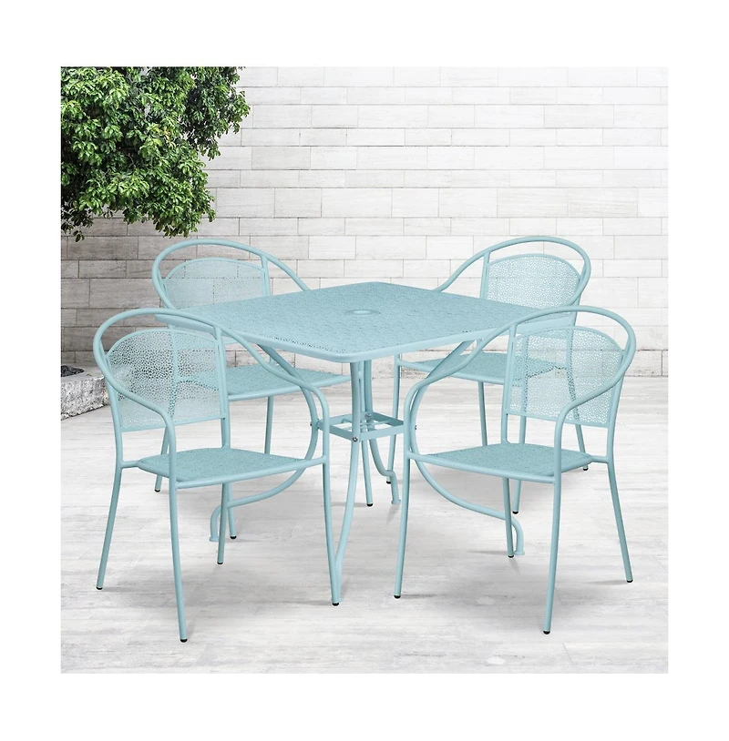 Emma+Oliver Commercial 35.5" Square Metal Garden Patio Table Set W/ 4 Round Back Chairs