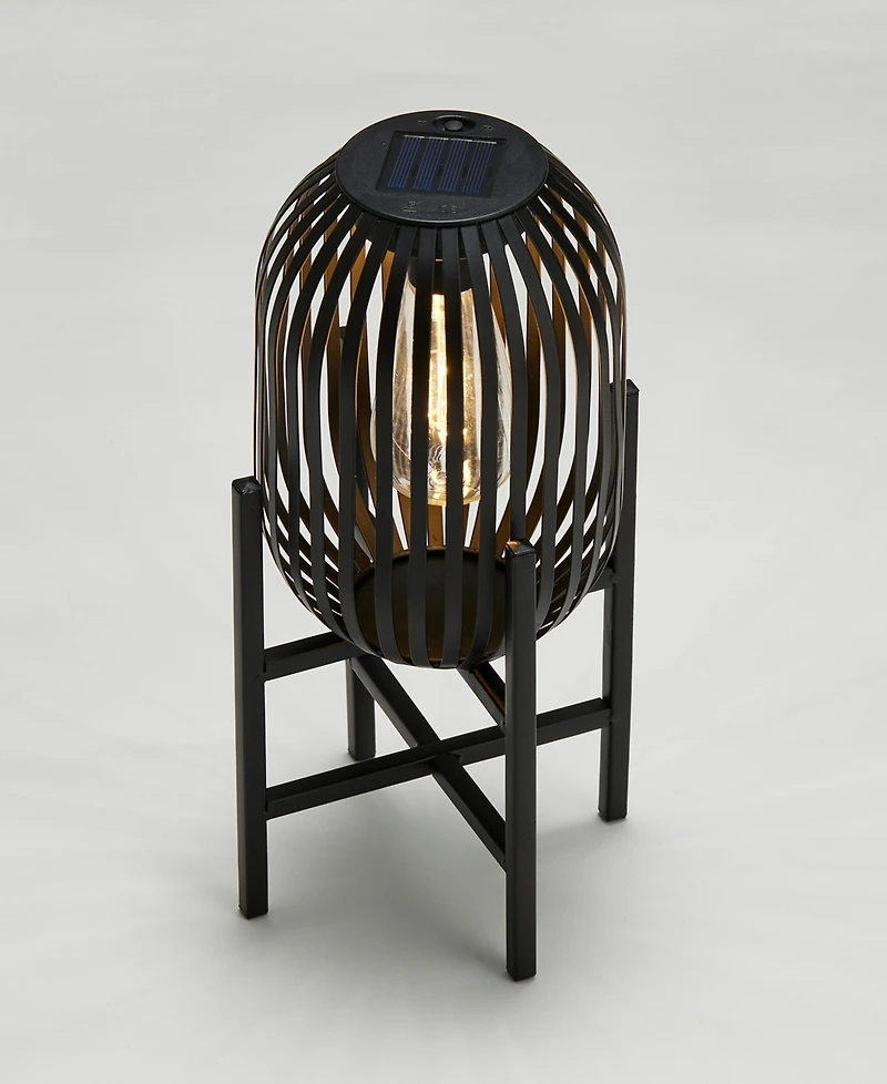 Glitzhome 14.25" H Slim-Shaped Metal Stripes Solar Powered Edison Bulb Slim Outdoor Lantern with Stand