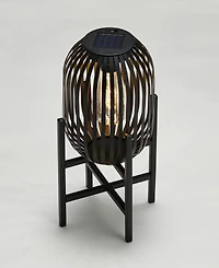 Glitzhome 14.25" H Slim-Shaped Metal Stripes Solar Powered Edison Bulb Slim Outdoor Lantern with Stand