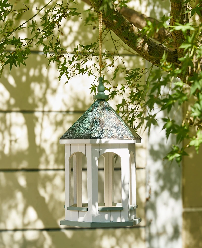 Glitzhome 15.75" H Patina Metal Roof Solid Wood Gazebo Tray Bird Feeder