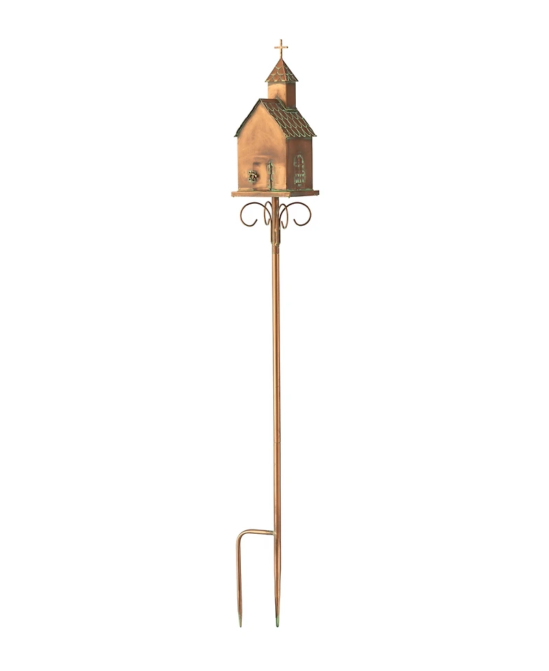 Glitzhome 53"H Farmhouse Faux Copper Distressed Metal Church Outdoor Decorative Garden Birdhouse with Stake