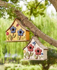 Glitzhome 10.5" H Washed Distressed Solid Wood Two-Story Townhouse Garden Birdhouse with 3D Flowers