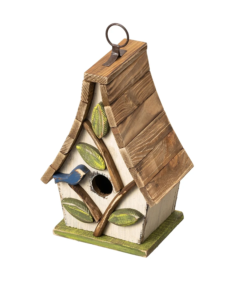 Glitzhome 9.5" H Washed White Distressed Solid Wood Decorative Outdoor Garden Birdhouse with Natural Wood Pallet Roof and 3D Tree