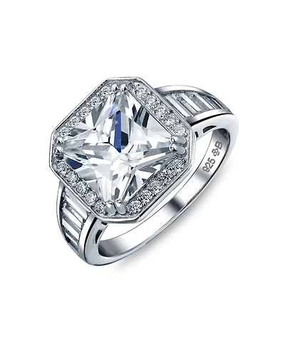 Bling Jewelry Art Deco Style 5CT Cz Side Baguette Stones Halo Square Promise Solitaire Ring .925 Sterling Silver