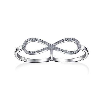 Bling Jewelry Boho Simple Large Pave Cubic Zirconia Fashion Statement Cz Infinity Two Finger Ring Sterling Silver